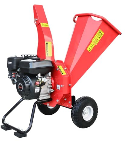 KARHDIR Wood Chipper Shredder, 7 HP 212cc Gas Powered Engine with 3-Blade Disc Cutter, Heavy Duty Garden Chipper with 10 Wheels for Easy Mobility – for Orchard, Yard, Farm Use