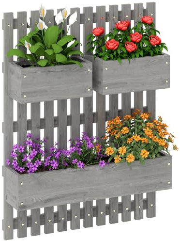 Outsunny Bancal alto de madera maciza, parterre de siembra, parterre de jardín con jardinera ajustable, pared, jardinera apilable 60x16x80cm para terraza, balcón, enrejado para plantas de flores, gris