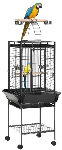 PawHut 156cm Bird Cage,Large Parrot Cage with Open Play Top, Perch, Seed Guard, Wheels, Storage Shelf for Budgie, Cockatiel, Conure, Lovebird, Dark Grey