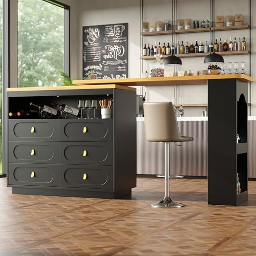 Ktipm Mesa de Bar Extensible Giratoria 360° con 6 Cajones y Estante para Aperitivos, Mesa Alta Cocina con Compartimento Abierto, Mueble Auxiliar Mesa Bar para Salón y Comedor, 137-203x39x90 cm, Negro