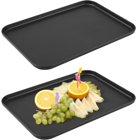 2 Pcs Bandejas para Servir Comida, Bandeja Plastico Rectangular, Bandeja Desayuno, Bandejas Negras para Servir, Desayuno, hogar, Oficina, Dormitorio, café, Cena, Buffet (31 x 22,5 x 1,5 cm)