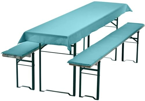 Waidmeister Bierbankauflagen Set 3 teilig - Auflagen für Bierzeltgarnitur - 1 Tischdecke 240x90 cm für Biertisch & 2 Bankauflagen gepolstert 220x25 - Farbe: Aqua