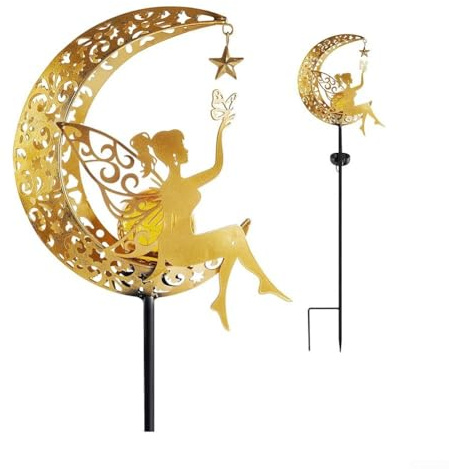 Luz solar de jardín con diseño de estatua de hada y luna | IP65 resistente a la intemperie decoración al aire libre con mariposa | Brillo automático hasta 8 horas para patio, césped, noche