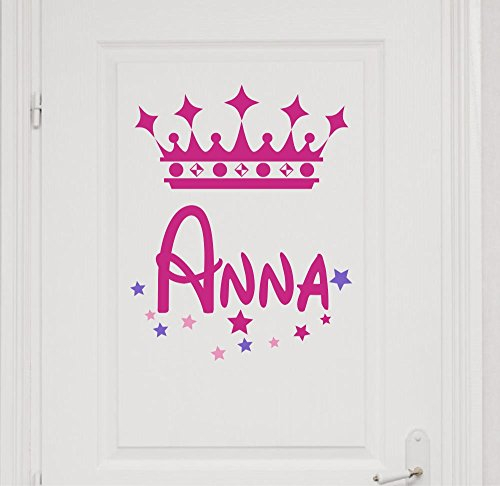 Wandtattoo Türaufkleber mit Name 73038-29cm-tricolore-pink, Sterne Krone fürs Mädchenzimmer, Kinderzimmer Mädchen, Namensaufkleber