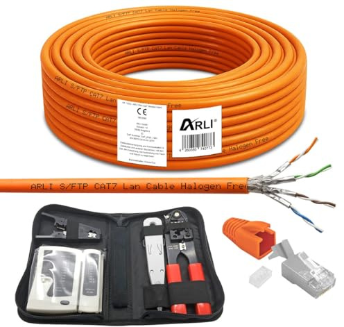 ARLI CAT 7 Verlegekabel 50m Netzwerkkabel CAT.7 Werkzeug Set + Crimpzange RJ45 Zange + Kabelmesser + Tester + LSA + 10 Netzwerkstecker Netzwerk Stecker Halogenfrei CAT7 Kabel Netzwerk 50 m