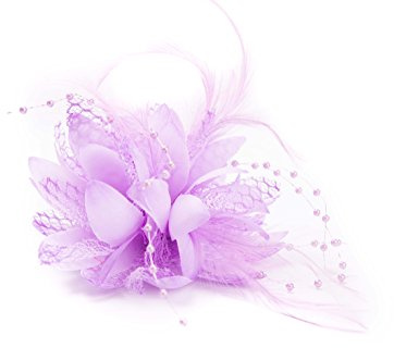 Flower Feather Fascinator Beaded Beak Hair Clip Brooch Bobble Ladies Day Ascot Races (Lilac)