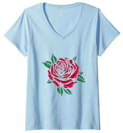Damen Rosen-Motiv Rote Rose Blumen Valentinstag Rosengewächs Blume T-Shirt mit V-Ausschnitt