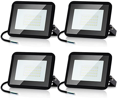 Randaco Lot de 4 spots extérieurs LED 20W Blanc Froid, Projecteur LED extérieur puissant 1700LM 6000K d'éclairage de sécurité, IP66 étanche Éclairage LED pour Cour, allées(sans prise)