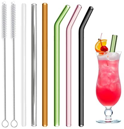 Hoshen cannucce riutilizzabili in vetro colorato, 20,3 x 8 mm, set di cannucce in vetro per frullati, tè, succhi, 3 dritte e 3 curve, con 2 spazzole per la pulizia (colori misti)