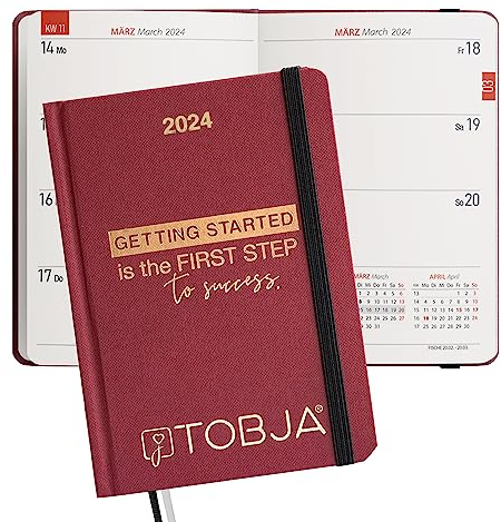 TOBJA Taschenkalender 2026 A6 rot - 1 Woche 2 Seiten, Robustes Hardcover, Taschenkalender 2026 klein, Ferien & Feiertage, 2 Lesebändchen & Gummiband, Kalender 2026 a6 [red]