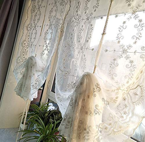 Lactraum Raffrollo Raffgardine Küche Weiß Tranparent Bestickt Vintage Eisblume Blumen H150 x B60 cm (1er Pack)