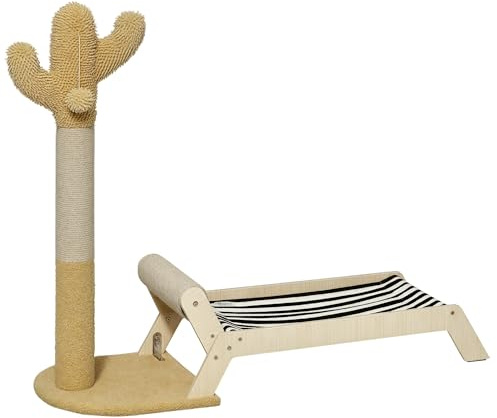 Pawhut Accessoire Chat, Hamac pour chats avec griffoir en forme de Cactus Design 2 en 1 pour intérieur, 88,5 x 31,5 x 76,5 cm, multicolore
