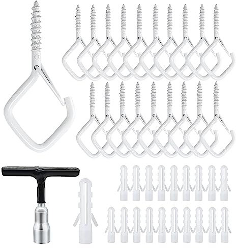 Ticway 20 Pcs Screw in Hooks with Safety Buckle - White Metal Ceiling Hooks,Outdoor Garden Hooks - Hooks for Hanging Plants, Cup, Fairy Light, Birdcage, Christmas Decor, Wind Chimes (White)