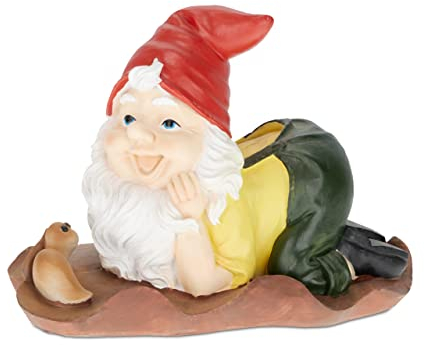 Relaxdays Gartenzwerg mit Wurm, Gartendeko, wetterfester Gnom, HxBxT: 14 x 19 x 11 cm, Wichtel Figur, Kunststein, bunt