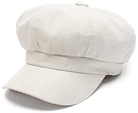 tcax Baskenmütze Damen Leinen Ballonmütze Damen Weißer Malerhut Damen Frühling Sommer Barett Weibliche Achteckige Mütze Baker Boy Hut,Weiß,56-58 cm