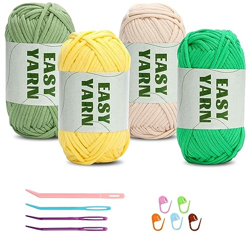 4 X 50g Wolle zum Häkeln Easy Chenille Wolle Zum Häkeln Häkelwolle Dicke Wolles Zum Häkelns gut Sichtbare Maschen, Garn Baumwoll-Nylon(Hellgrün + Dunkelgrün + Beige + Gelb)