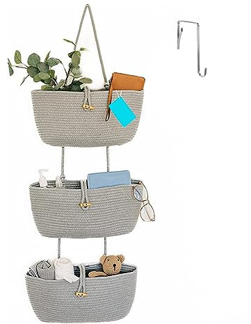 GDWD Tür Wand Organizer, 3 Stufiger Hängeorganizer, Hängekorb aus Baumwollseil Gewebt, 3 Fächer Wand Hängen Tasche Aufbewahrungstasche für Schlafzimmer Wohnzimmer Kinderzimmer Bad (Hellgrau)