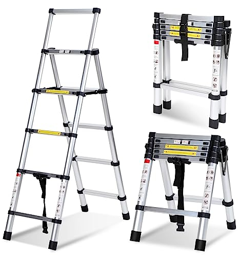 Herrselsam Teleskopleiter Klappleiter A-Rahmen, 1.4m+1.7m Aluminiumleiter 4+5 Sprossen Mehrzweckleiter, Tragbare Rutschfester Ausziehbare Stehleiter, Max Belastung 150 kg