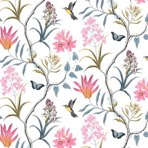 Selbstklebende Tapete Rosa Blumen Vögel,44.5 x 400cm Tapete Blau Gelb Blätter Klebetapete Vogel Tapete Schmetterlinge Pflanzen Tapete Möbelfolie Selbstklebend für Badezimmer Wohnzimmer Schlafzimmer