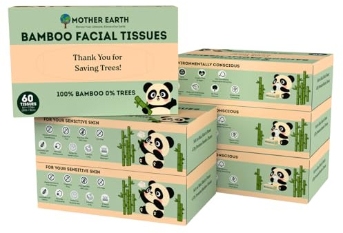 MOTHER EARTH Bamboo Facial Tissues 4 Ply, Lint Free Flat Box Tissue, Hypoallergenic, Unscented, Tree Free, Septic Safe, Gentle for Sensitive Skin, 360 Count (60 Sheets x 6 Boxes)
