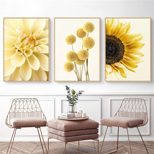 Uixxducc 3er Modern Poster Set, Gelb Sonnenblume Bilder Blumen Blätter Wandbilder, Stilvolle Leinwandbilder, Ohne Rahmen Kunst Bilder für Wohnzimmer Schlafzimmer (C,50x70cm)