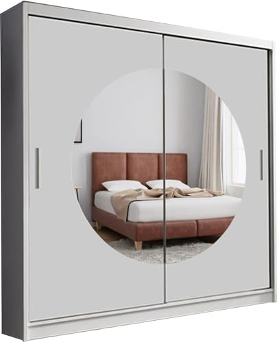 FURNITUREWAVE Denver Mirror Sliding Door Wardrobe Brighten Your Space with Style 150cm/203cm (White, 203cm)