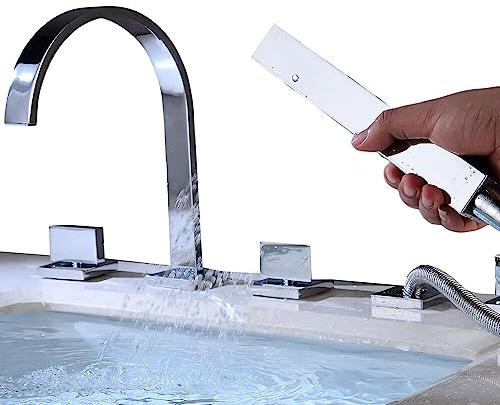 Konfiur Wasserfall Dusch Satz, 5 Loch Chrom Wannenarmatur mit Drehknöpfe Handbrause, Modern Wasserfall Wasserhahn Badewanne, Badewannenarmatur Wasserhahn Satz, Komplettes Duschsystem, Armatur Badewann