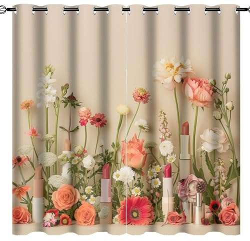 DIPQIMI Modern Rose Lipstick Blackout Curtains, Floral Romantic Plant Garden Grommet Thermal Insulated Window Drapes for Bedroom Living Room Decor- 2 Panels, Each 31.5 W x 63 L