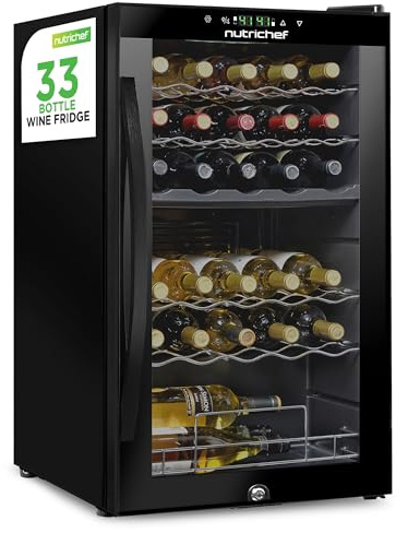 Nutrichef 33 Bottle Wine Fridge | Dual Zone Wine Cooler | Adjustable Temperature Control 41°F to 64°F | Ultra Quiet Operation | Freestanding Wine Chiller for Home & Office | 33x19x17 IN