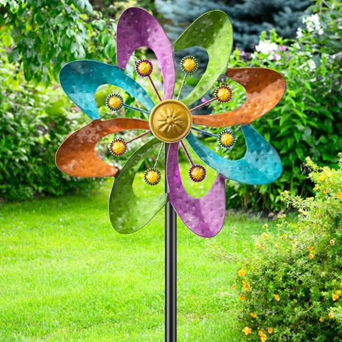 SHUONIVS Metal Wind Spinners Outdoor, 360° Wind Sculpture Spinner with Metal Stake, Waterproof Spinners Green Kinetic Wind Spinner for Yard Lawn Decor (A- Colourful 1PC)