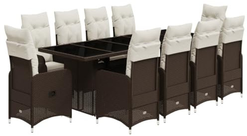 vidaXL Garten Bistroset 11-TLG., Balkonset mit Kissen, Gartenmöbel Tisch 10 Verstellbare Stühle, Balkonmöbel Sitzgruppe Gartengarnitur, Braun Poly Rattan