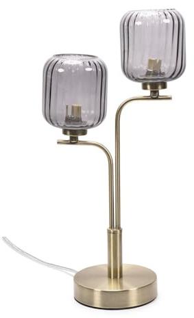 ValueLights | Gold 2 Way Table Lamp with Smoked Ribbed Glass Shades | Home Décor, Bedside & Desk Lamp | Includes Bulb