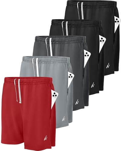 NY Threads 5 Pack Men's Athletic Shorts Quick Dry Loose-Fit Lightweight Running Workout Gym Shorts with Pockets, Large, Black/Black/Dark Grey/Medium Grey/Red
