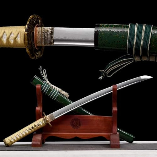 KWXPW 78cm Japanischer Wakizashi Katana,Musterstahl Klinge,Holzscheide,handgefertigt Samurai-Schwert für Geschenke,Dekoration,Sammlung,Display,Cosplay,Kendo