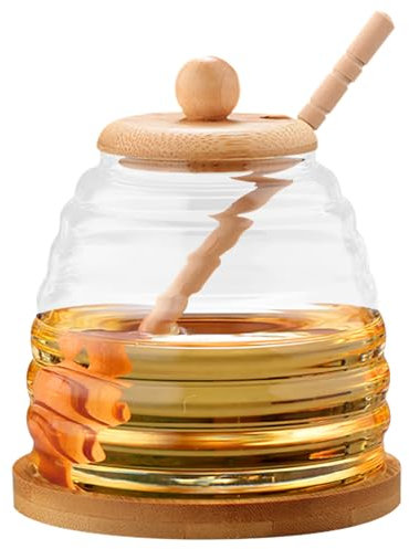 Dzmuero Porta Miele Vetro con dosatore, dosatore miele, vasetti miele bomboniere, Vasetto per miele in legno con coperchio, Contenitore di vetro sigillato, Vasetto per miele a bocca larga