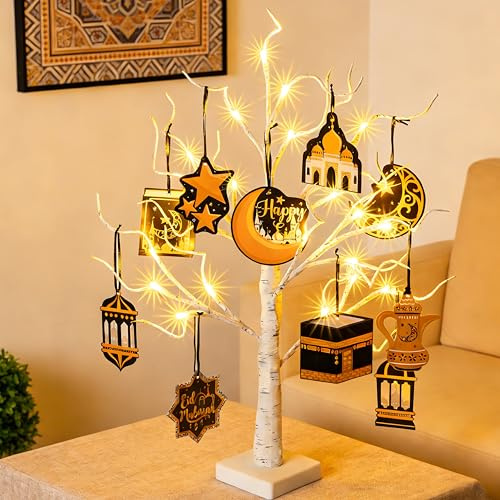 22 Ramadan Tree with 24 LED Lights, Mubarak Ramadan Birch Tree, USB/Battery Powered, Decorations for Home Wedding Fireplace Decor