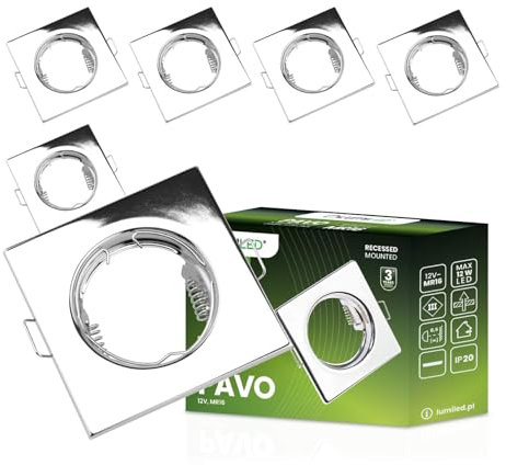 Lumiled Einbaustrahler LED Einbauleuchte 6er Set Einbauspot Spot für LED oder Halogen Deckenspot Deckeneinbauleuchte Downlight feststehend flach Chrome Glänzend Quadratisch