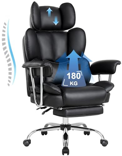 IWMH Ergonomischer Bürostuhl mit Fußstütze 200KG, PU Leder XXL Chefsessel mit Kopfstütze und Armlehnen, Computer Gaming Stuhl hoher Rückenlehne, Höhenverstellbarer(Schwarz)