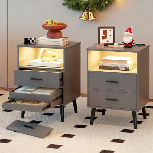 LVSOMT Set di 2 Comodino con Cassetto Nascosto e LED, Comodino con Funzione di ricarica, LED 3 colori, Maniglie e piedini in metallo, porte USB e Type-C, 3 Cassetti, Comodini Camera da letto, Grigio