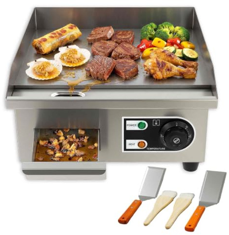Commercial Electric Griddle 2000W, 14in Countertop Flat Top Grill, 50-300°C | 8mm Iron Plate, Hidden Oil Box, Enlarged Drip Hole, 3-Sided Splash Guards, Café and Catering Use, 2 Shovels, 2 Oil Brushes