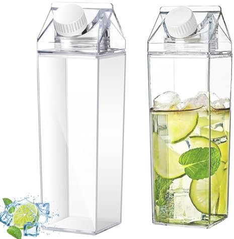 Yudobliss 2 flaskor, 1 000 ml mjölk, kvadratisk flaska, transparent mjölkkartong, juicebehållare, återanvändbar, kylskåp, camping, resor