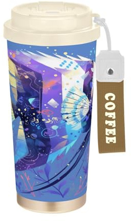 FRODOTGV Vasos de viaje medianos de peces gigantes para taza de café Togo con tapa, taza aislada de acero inoxidable para coche, para frío y calor, 17 onzas, a prueba de fugas