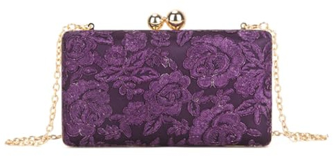 LeahWard Womens Elegant Floral Lace Evening Clutch Purse, Ball Clasp Wedding Party Bags (Purple)