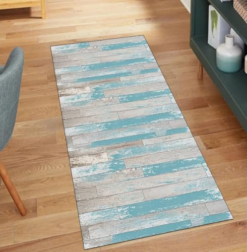 Tapis de couloir antidérapant lavable pour cuisine, couloir, couloir, 60 x 250 cm, motif patchwork gris et bleu pour chambre à coucher