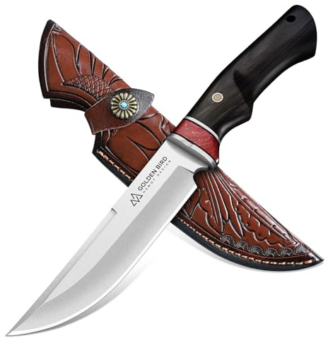 Golden Bird Outdoor Messer Jagdmesser Feststehende Klinge aus D2 Stahl | Full Tang Survival Messer mit Lederscheide und Ergonomischem Grifffür Camping und Bushcraft, Geschenk für Männer