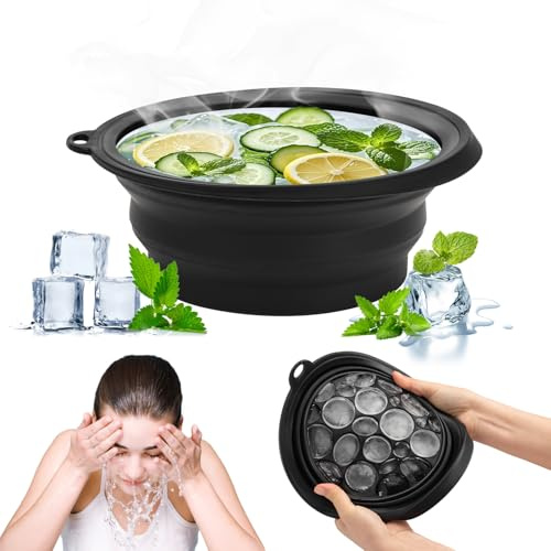 Kunoli Face Ice Bath Bowl, Waschschüssel für Gesicht, Silikon Faltbares Eisbadschale Gesicht, Eingebaute Eiswürfelschale Waschbecken, Tragbar Eisbad Schüssel für Zuhause und Unterwegs (Black)
