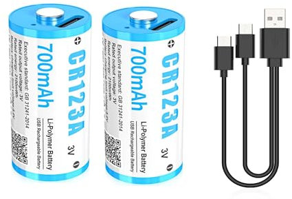 CR123A 3V Lithium Batterie, 2 Stück 3V Wiederaufladbare USB Lithium Akku, bis zu 3000 Zyklen mit USB-C-Ladeanschluss, Schnellladung in 2 Stunden, 123A Batterie 700mAh für Türschloss Fingerabdruck etc.