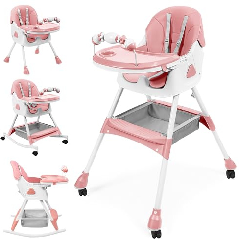 UBRAVOO Baby High Chair, 6-in-1 Foldable Baby Chair with Footrest, Removable Double Tray & PU Cushion, Adjustable Height & Recline, Locking Wheels for Babies and Toddlers