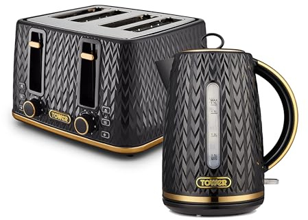 Tower Empire Kitchen Set, 1.7L Rapid Boil Kettle and 4 Slice Toaster, Black with Brass Accents, T10052BLK & T20061BLK