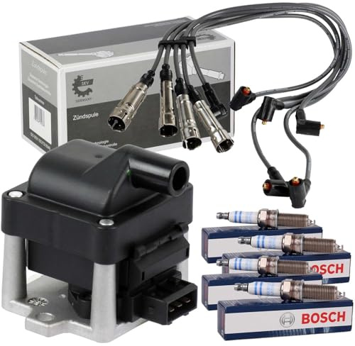 Zündspule + 4x Zündkerze + Kabel | 03SKV008, 0 242 235 664, 53-0062, für Ibiza Caddy 2 Golf 3 Polo 6N
